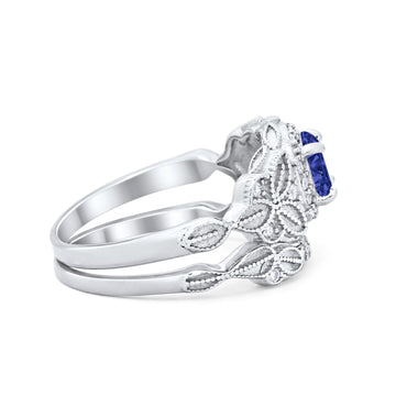 Art Deco Vintage Style Bridal Ring Piece Simulated Blue Sapphire CZ 925 Sterling Silver